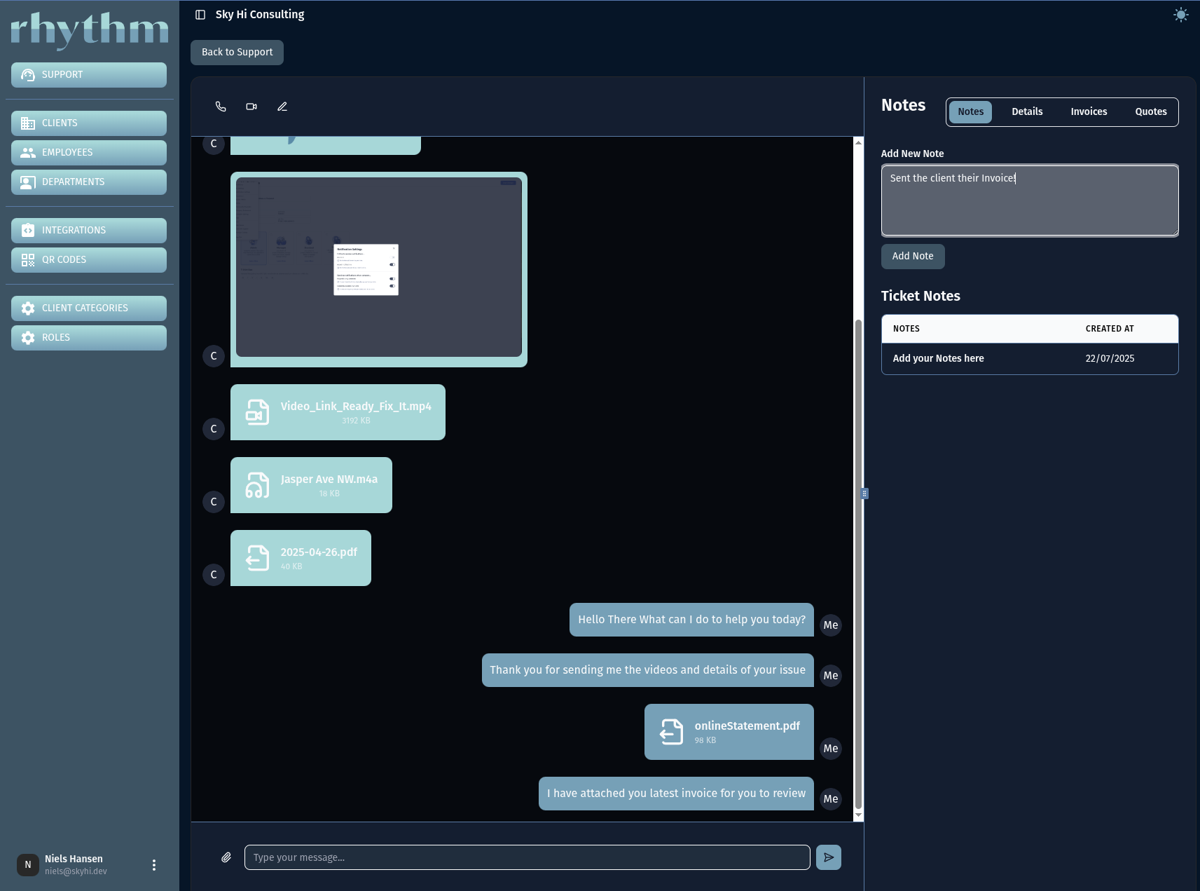 Screenshot showing Invoices and Quotes tabs within a support ticket